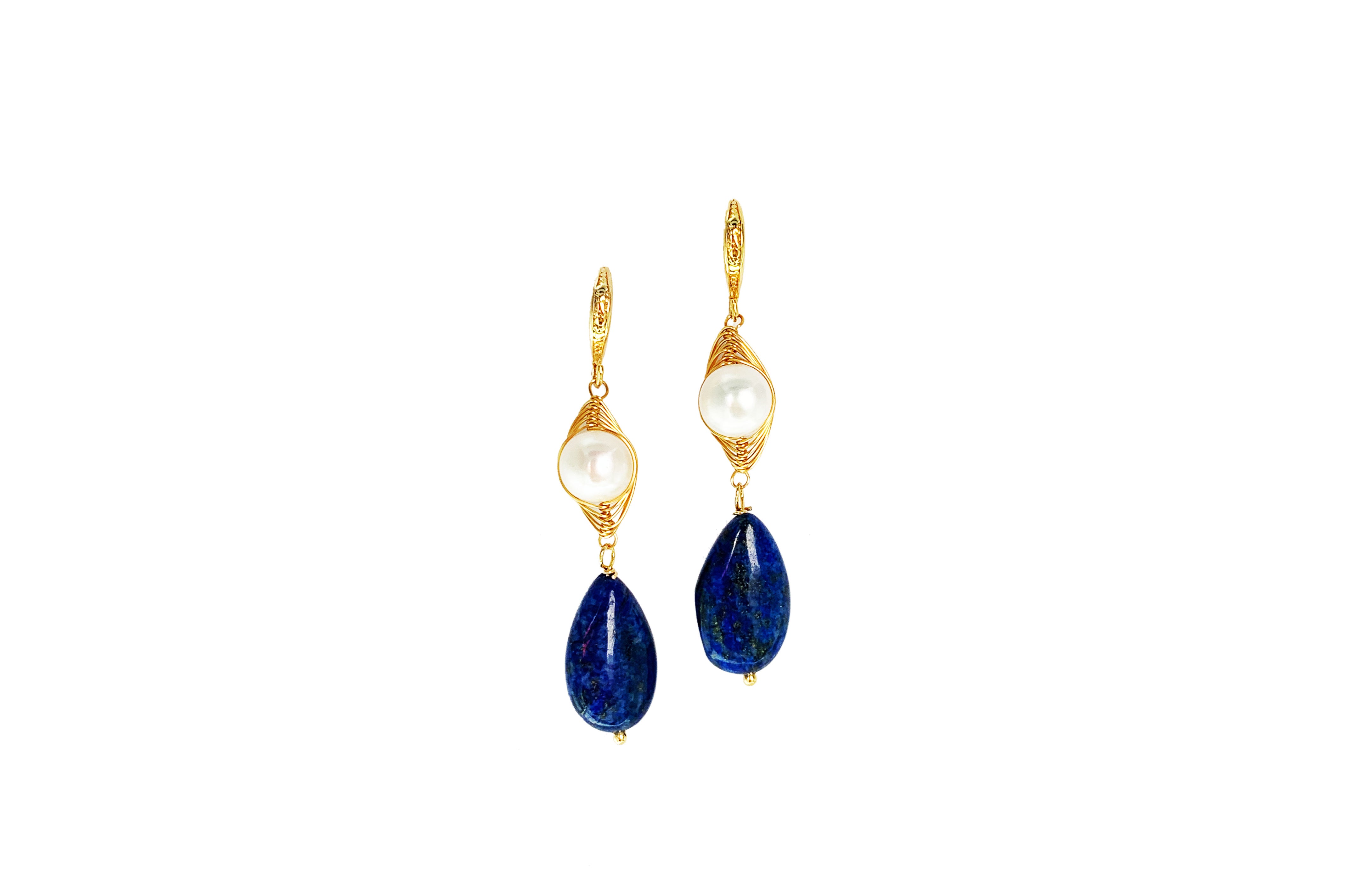 Handmade Natural Freshwater Pearl Lapis Lazuli Drop Earrings