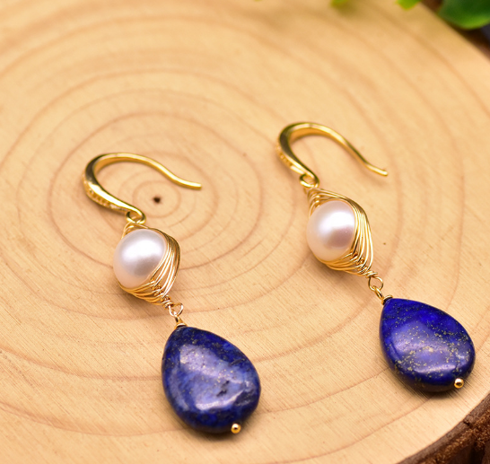 Handmade Natural Freshwater Pearl Lapis Lazuli Drop Earrings