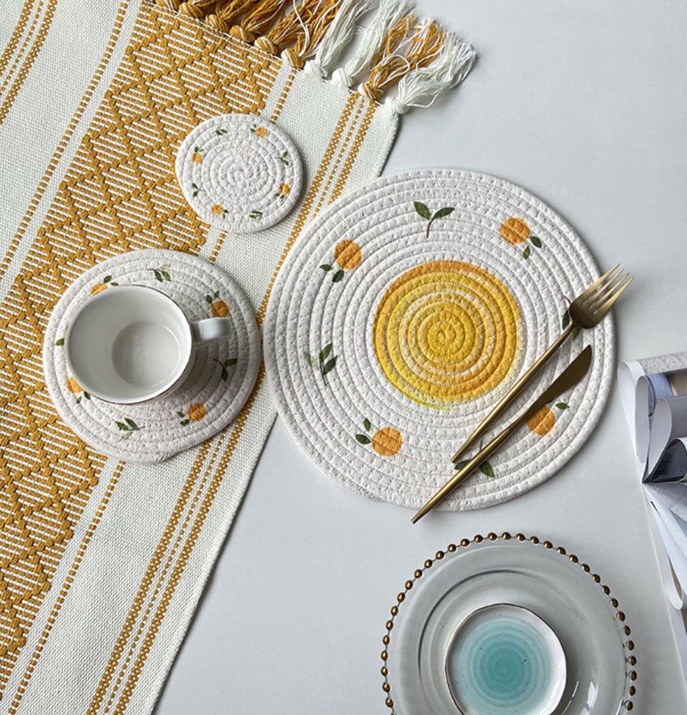 Woven Textured Cotton Yarn Coaster - Lemon