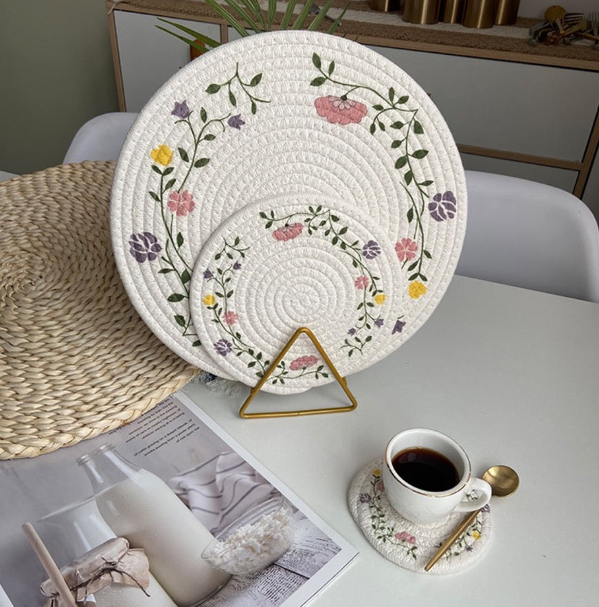 Woven Textured Cotton Yarn Coaster - Florals