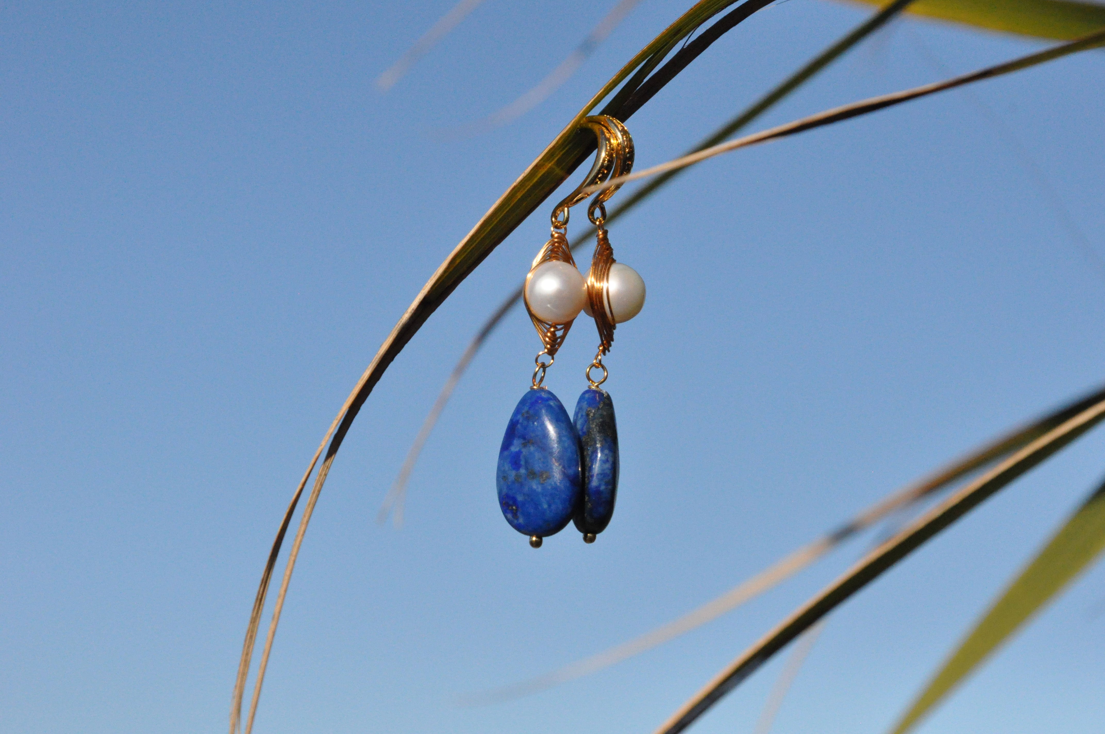 Handmade Natural Freshwater Pearl Lapis Lazuli Drop Earrings